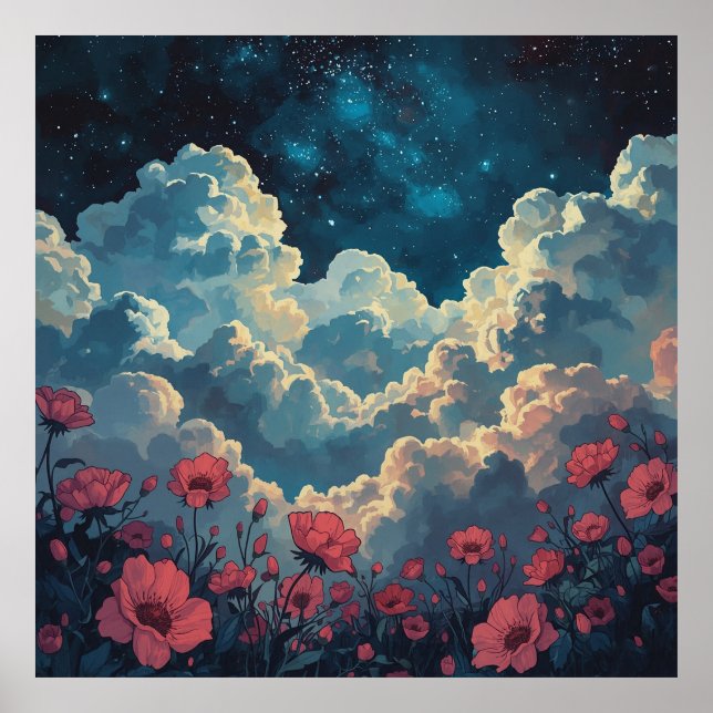 Poster Campo de flores com nuvem (Frente)