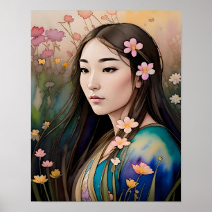 Poster Campo de flores Mulher bonita flores no cabelo