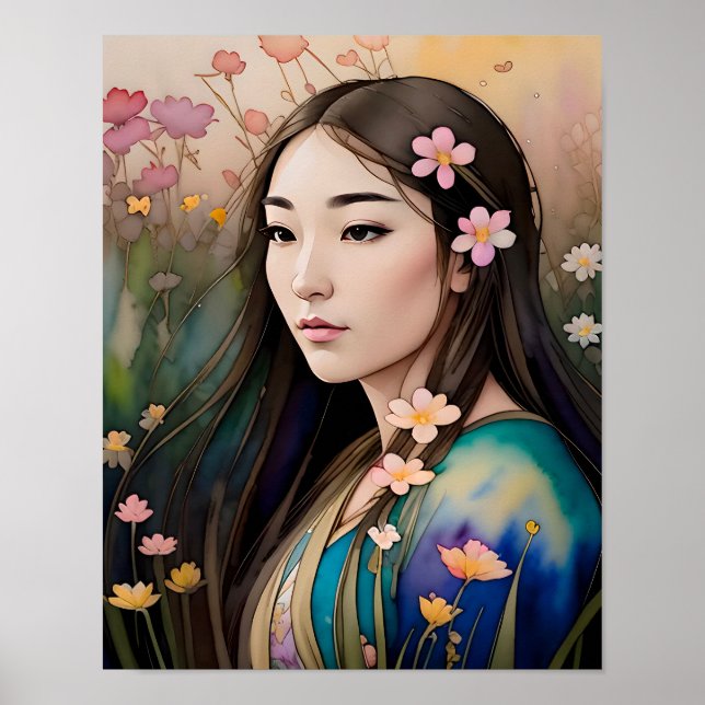 Poster Campo de flores Mulher bonita flores no cabelo  (Frente)