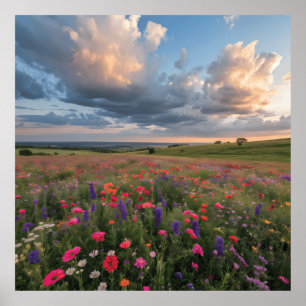 Poster Campo de Flores Silvestres Vibrantes ao Pôr do Sol