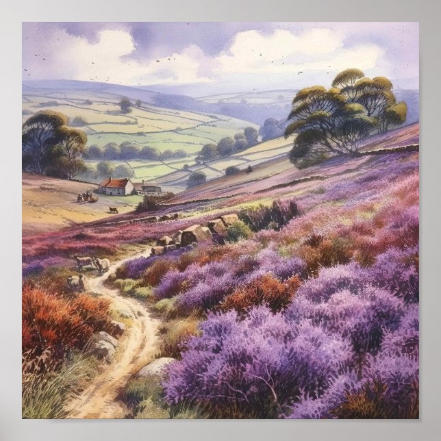 Poster Campo De Heather Moorland Em Uma Paisagem De Vale (Frente)