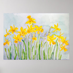 Poster campo de narcisos amarelos pintados à mão aquarela