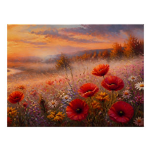 Pôster Campo de Papoulas ao Pôr do Sol Pintura Impression