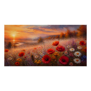 Pôster Campo de Papoulas ao Pôr do Sol Pintura Impression