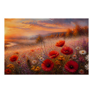 Pôster Campo de Papoulas ao Pôr do Sol Pintura Impression