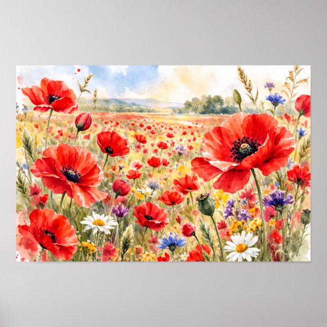 Poster Campo de Papoulas - Papoula em Aquarela (Frente)