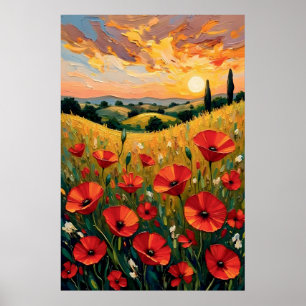 Poster Campo de Papoulas Vermelhas Pintura a Óleo