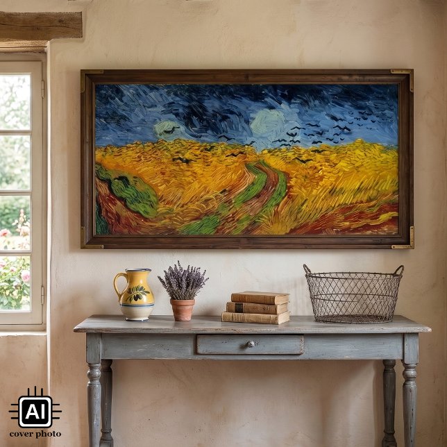 Pôster Campo de Trigo com Corvos de Vincent van Gogh (Wheat Field with Crows by Vincent van Gogh is a vintage fine art post impressionism painting.)