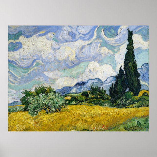 Poster Campo de trigo de Vincent Van Gogh com ciprestes (Frente)