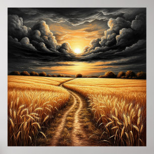 Poster Campo de Trigo Dourado ao Pôr do Sol com Céu Dramá