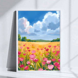 Poster Campo Floral de Flores Silvestres Rosa Pintura em