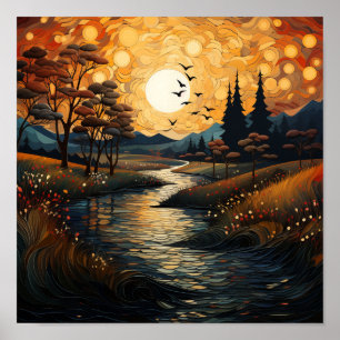 Poster Campo Sunset com Aves e Stream
