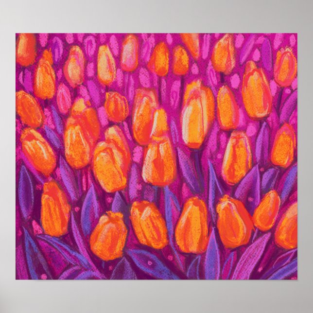Poster Campo Tulipas, Flores Florais Laranja Roxo (Frente)