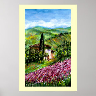 PÔSTER CAMPOS DE ÍRIS ROXA EM PAISAGEM VERDE DA TOSCANA