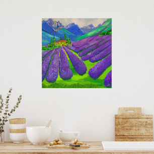 Poster Campos de lavanda em frente às montanhas