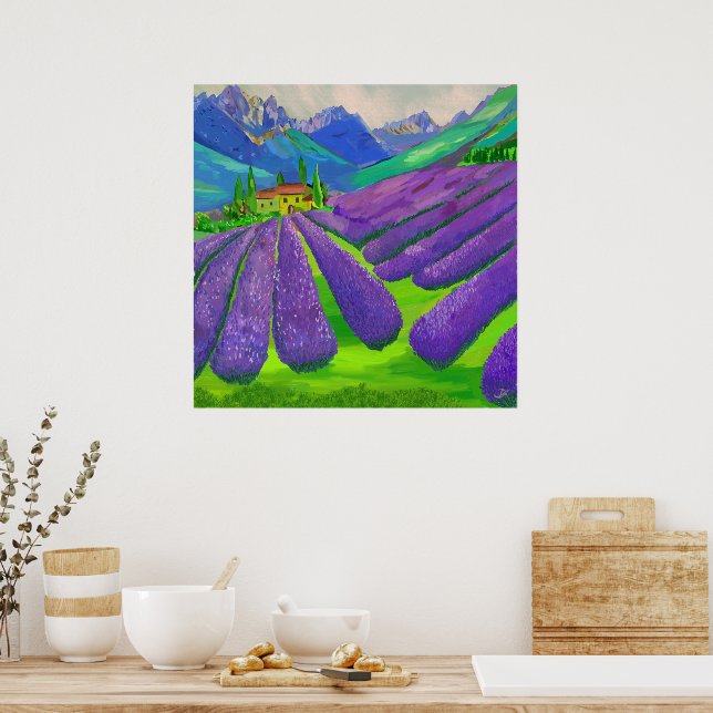 Poster Campos de lavanda em frente às montanhas (Cozinha)