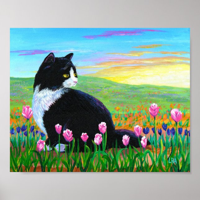 Pôster Campos de Tulips Tuxedo Black Cat Art (Frente)