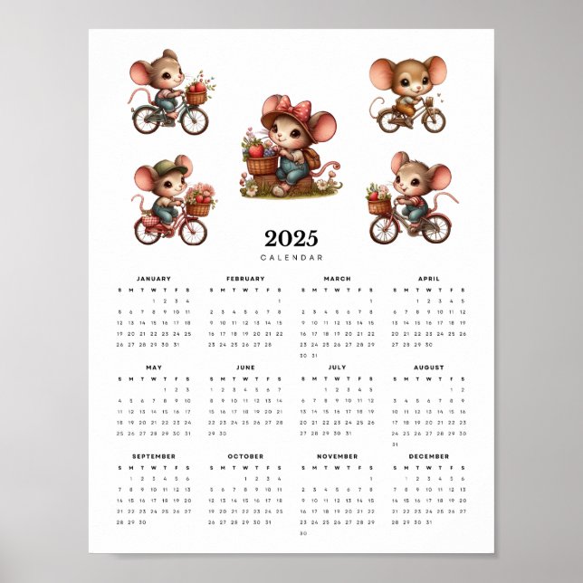 Poster Camundongos Whimsical em Bicicletas Calendário Mín (Frente)