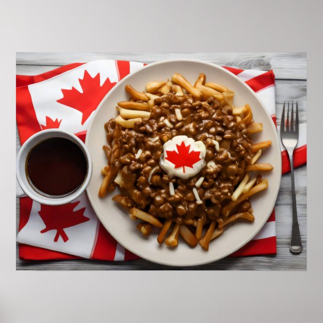 Poster Canadiano Poutine com xícara de café (Frente)