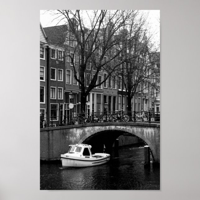 Poster Canal de Amsterdã - Foto em preto e branco (Frente)