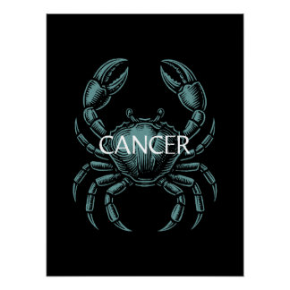 Pôster Câncer Zodíaco – Caranguejo Vintage em Azul Turque