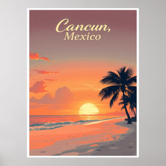 Poster Cancun, Mexico – Beach Sunset Vintage Illustration