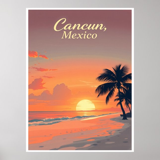 Poster Cancun, Mexico – Beach Sunset Vintage Illustration (Frente)