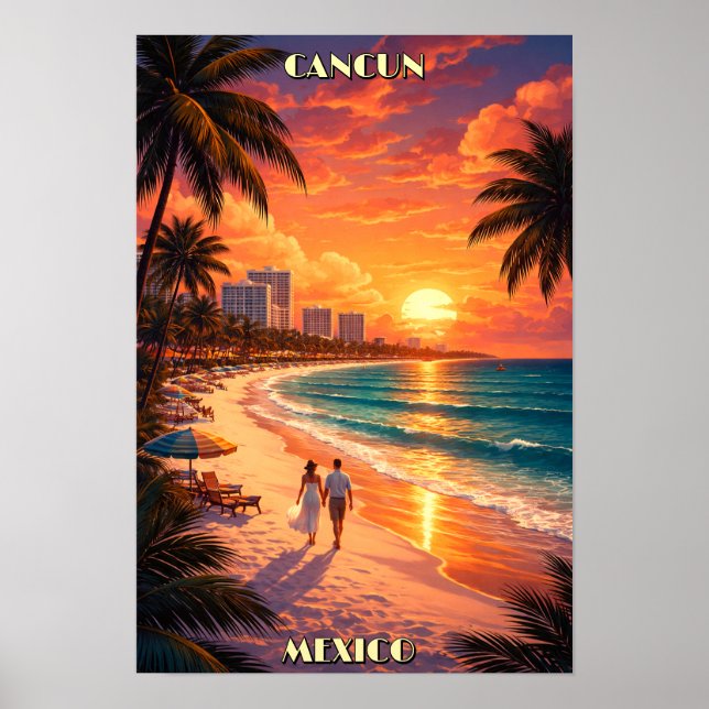 Poster Cancun, Mexico Retro Art Deco Color Tourism (Frente)