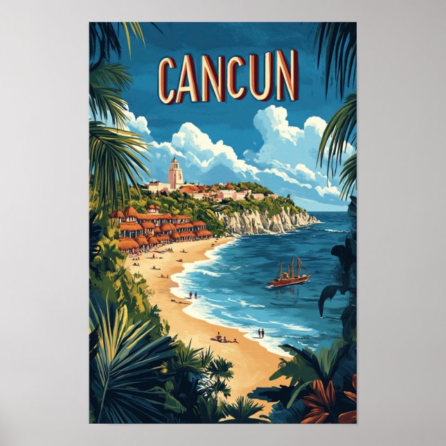 Poster Cancún Mexico Vintage Illustration Viagem (Frente)
