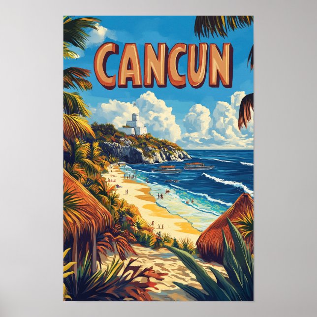 Poster Cancún Mexico Vintage Illustration Viagem (Frente)