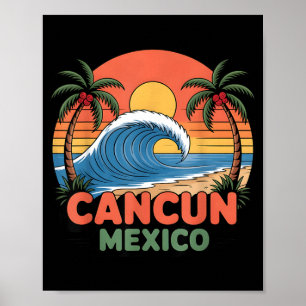 Poster Cancun Retro México Pôr do Sol Palmeiras Praia Ver