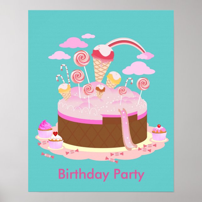 Poster Candy and chocolate cake for birthday party (Frente)