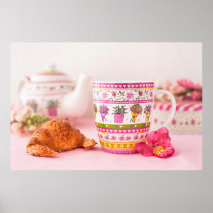 Poster Caneca com chá, Croissant e flor
