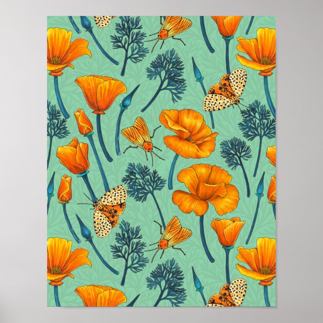 Poster Canecas da Califórnia e mariposas na jade (Frente)