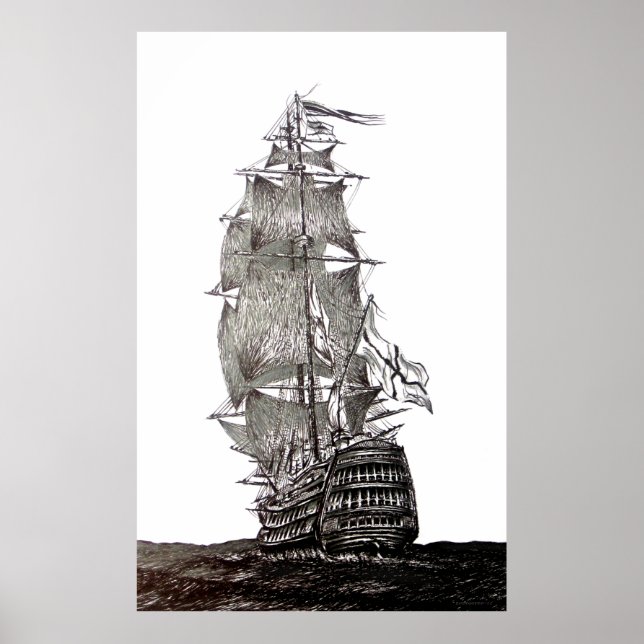 Pôster Caneta e desenho de tinta de Galleon em preto e br (Frente)