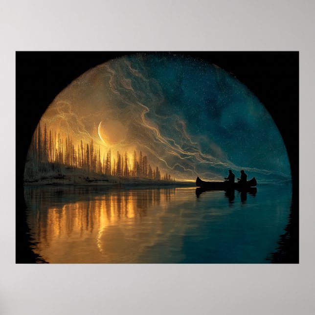Poster Canoa e lua crescente num lago (Frente)