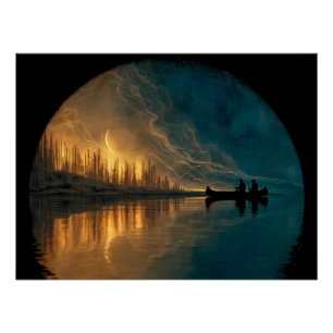 Pôster Canoa e lua crescente num lago
