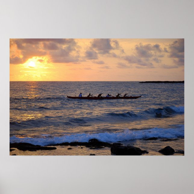 Pôster Canoa Hawaiian Outrigger em Sunset (Frente)