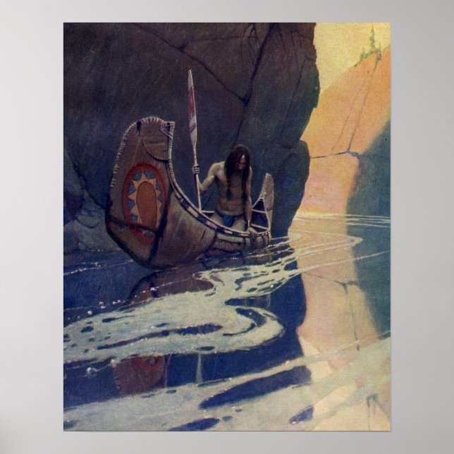 Poster Canoa Indígena Vintage Remando ao Sol Clássico (Frente)