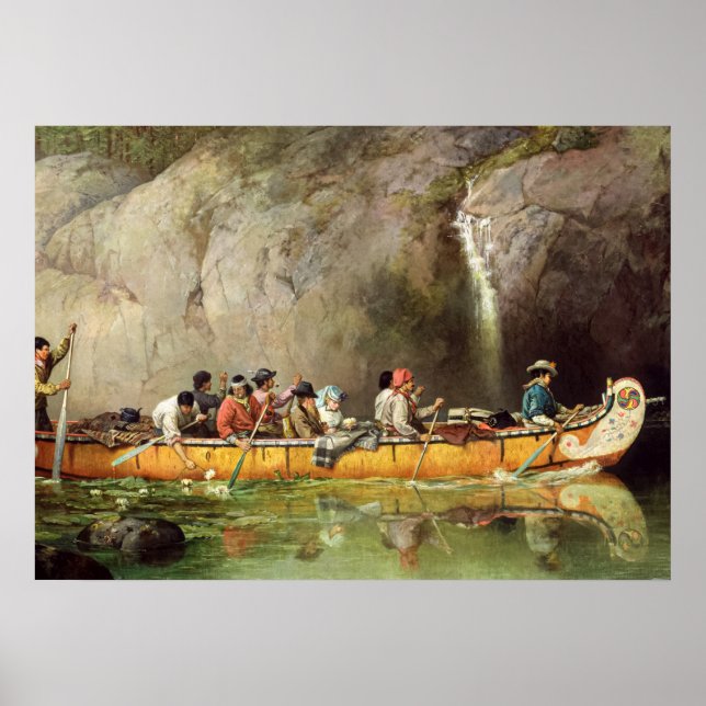 Poster Canoe Manned by Voyageurs Passing a Waterfall (Frente)