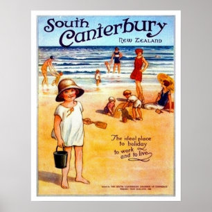 Poster Canterbury sul, Nova Zelândia, pessoas na praia