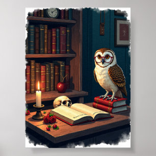 Poster Cantinho de Leitura Dark Academia Coruja Óculos Vi