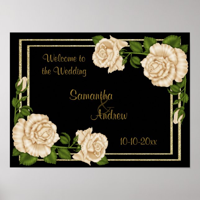 Pôster Canto Chic Elegante Rosas Bege Bouquets Casamento (Frente)