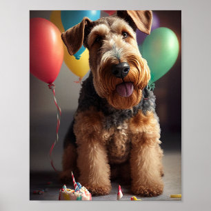 Poster Cão Airedale com bolo e balões