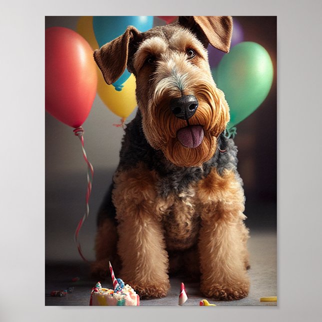 Poster Cão Airedale com bolo e balões (Frente)