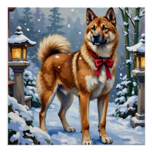 Pôster Cão Akita Sereno Natal Japonês de Inverno