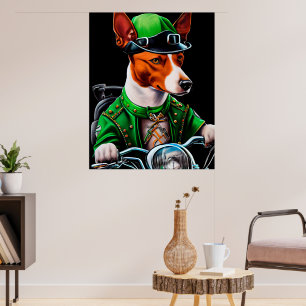 Poster Cão Basenji pilotando bicicleta no Dia de São Patr