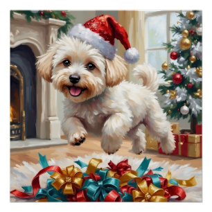 Pôster Cão Bichon Frise Fofo Natal Alegre