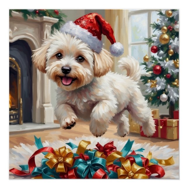 Pôster Cão Bichon Frise Fofo Natal Alegre (Frente)