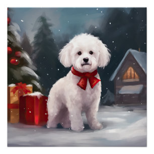 Pôster Cão Bichon Frise na Neve Natal 